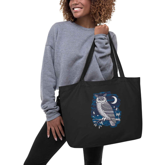 Owl Large Organic Tote Bag - Sustainable, Spacious, Perfect for Every Day Black Dudeily