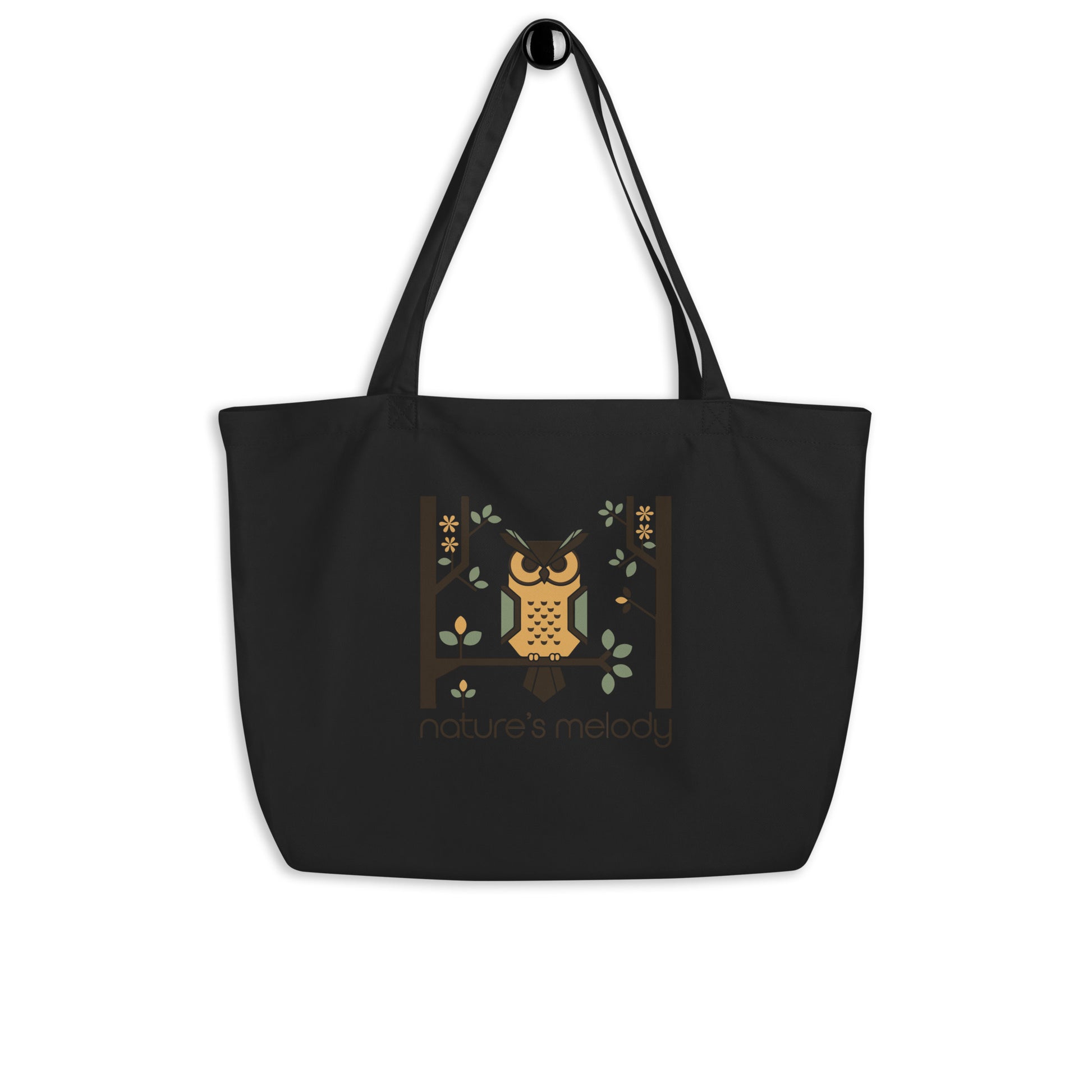 Large Organic Tote Bag: Owl Themed Spacious, Durable, and Eco-Friendly Black Dudeily