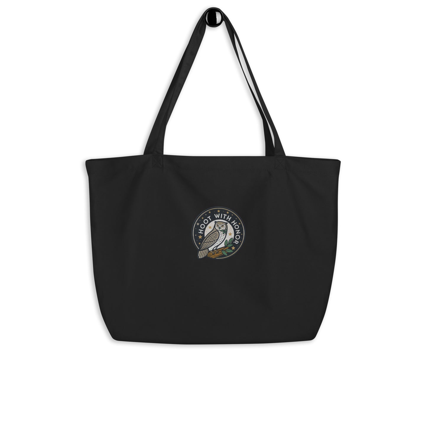 Embroidered Large Organic Tote Bag – Hoot With Honor | Owl-Themed Sustainable Fashion USA by Dudeily Black Dudeily