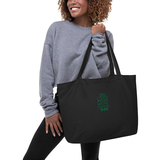 Large Organic Tote Bag: Wise Work, Kind Planet | Owl Embroidered Sustainable Fashion USA by Dudeily Dudeily