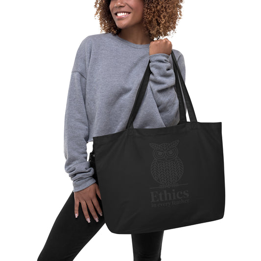 Large Organic Tote Bag: 'Ethics in Every Feather' | Sustainable Owl Accessories USA Dudeily