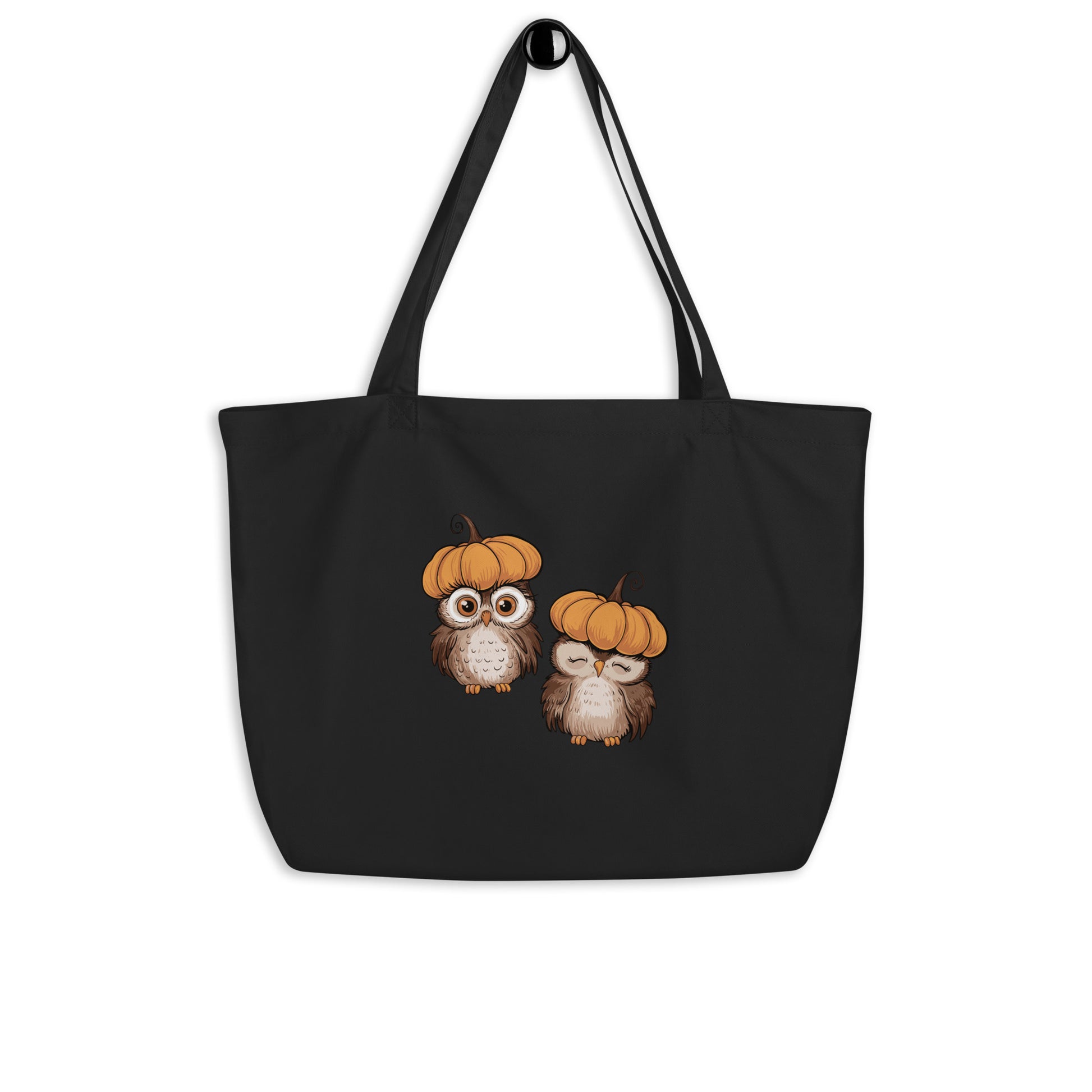 Large Organic Tote Bag: Halloween Owl Eco-Friendly Style USA Black Dudeily