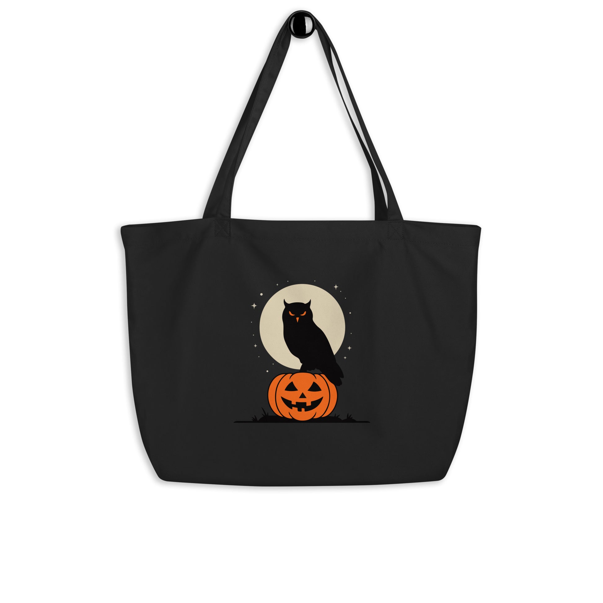 Large Organic Tote Bag: Halloween Owl Sustainable Eco-Friendly USA Black Dudeily