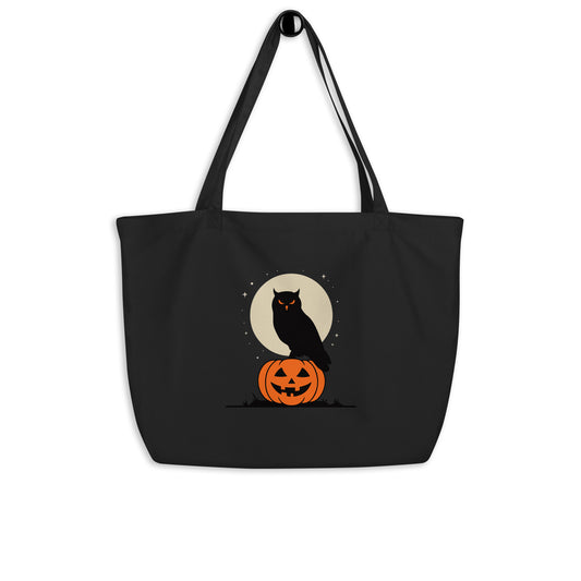Large Organic Tote Bag: Halloween Owl Sustainable Eco-Friendly USA Black Dudeily