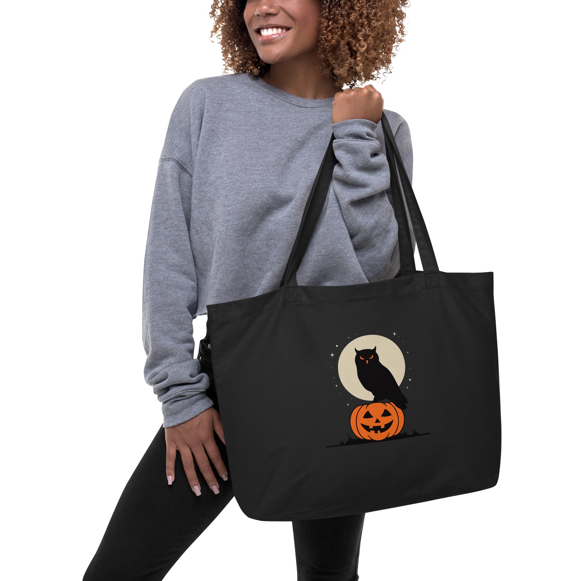 Large Organic Tote Bag: Halloween Owl Sustainable Eco-Friendly USA Dudeily