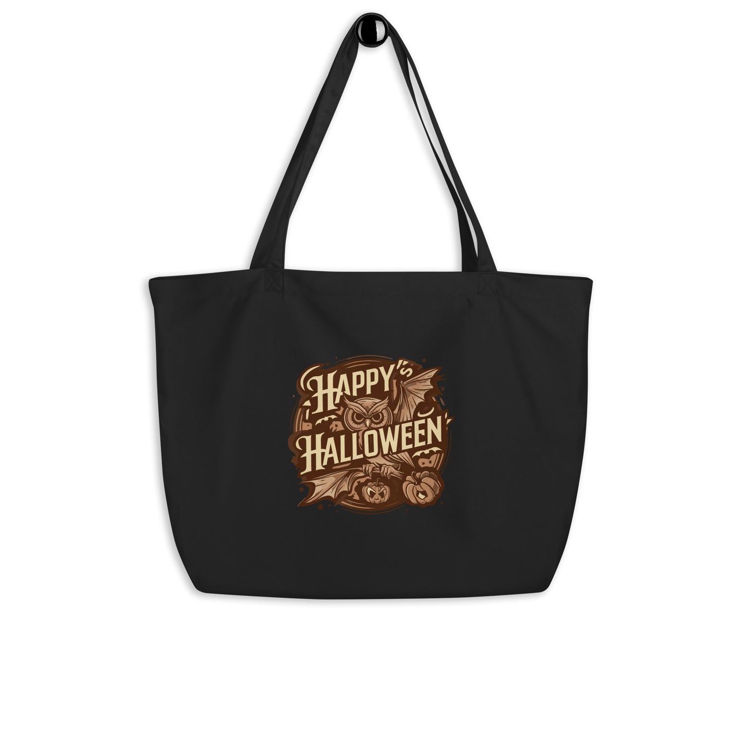 Large Organic Tote Bag: Halloween Owl Eco-Friendly Sustainable USA Black Dudeily
