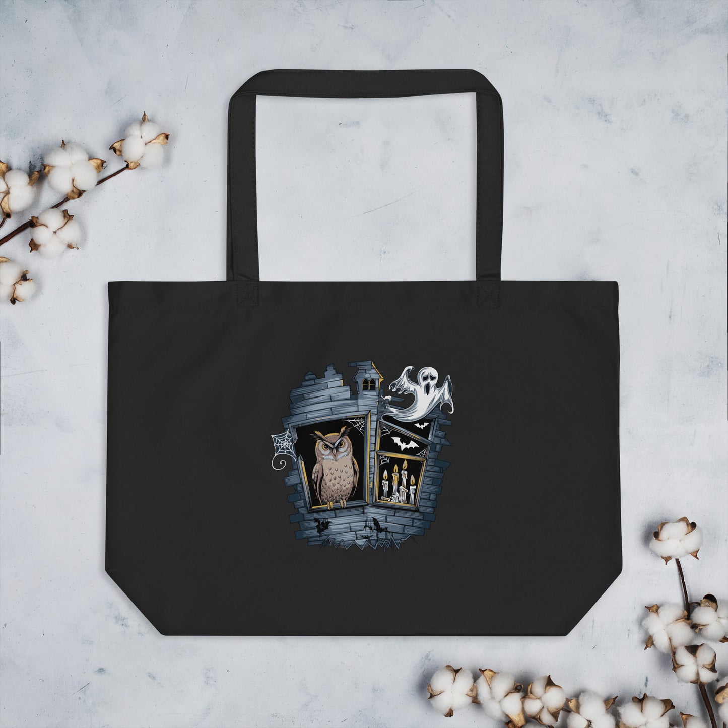 Large Organic Tote Bag: Halloween Owl Eco-Friendly Sustainable USA Dudeily