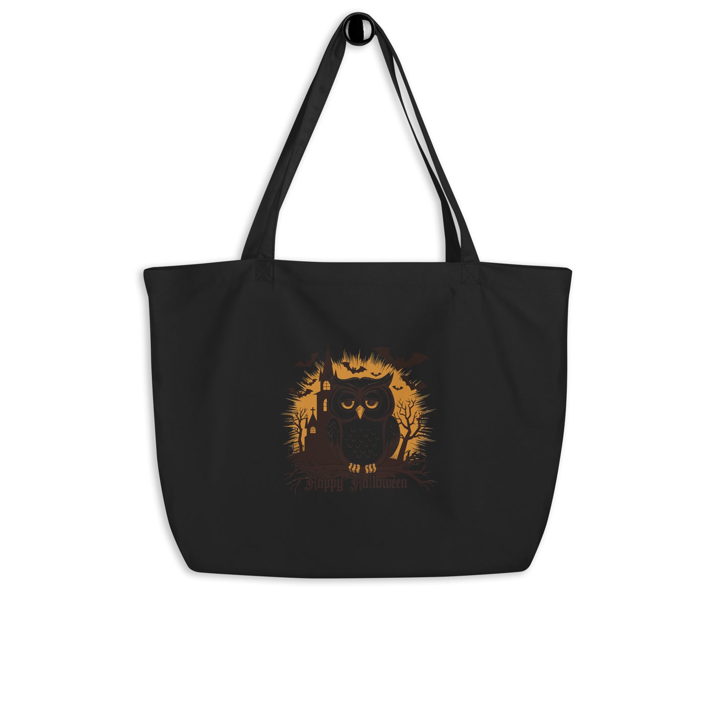 Large Organic Tote Bag: Halloween Owl Eco-Friendly Sustainable USA Black Dudeily