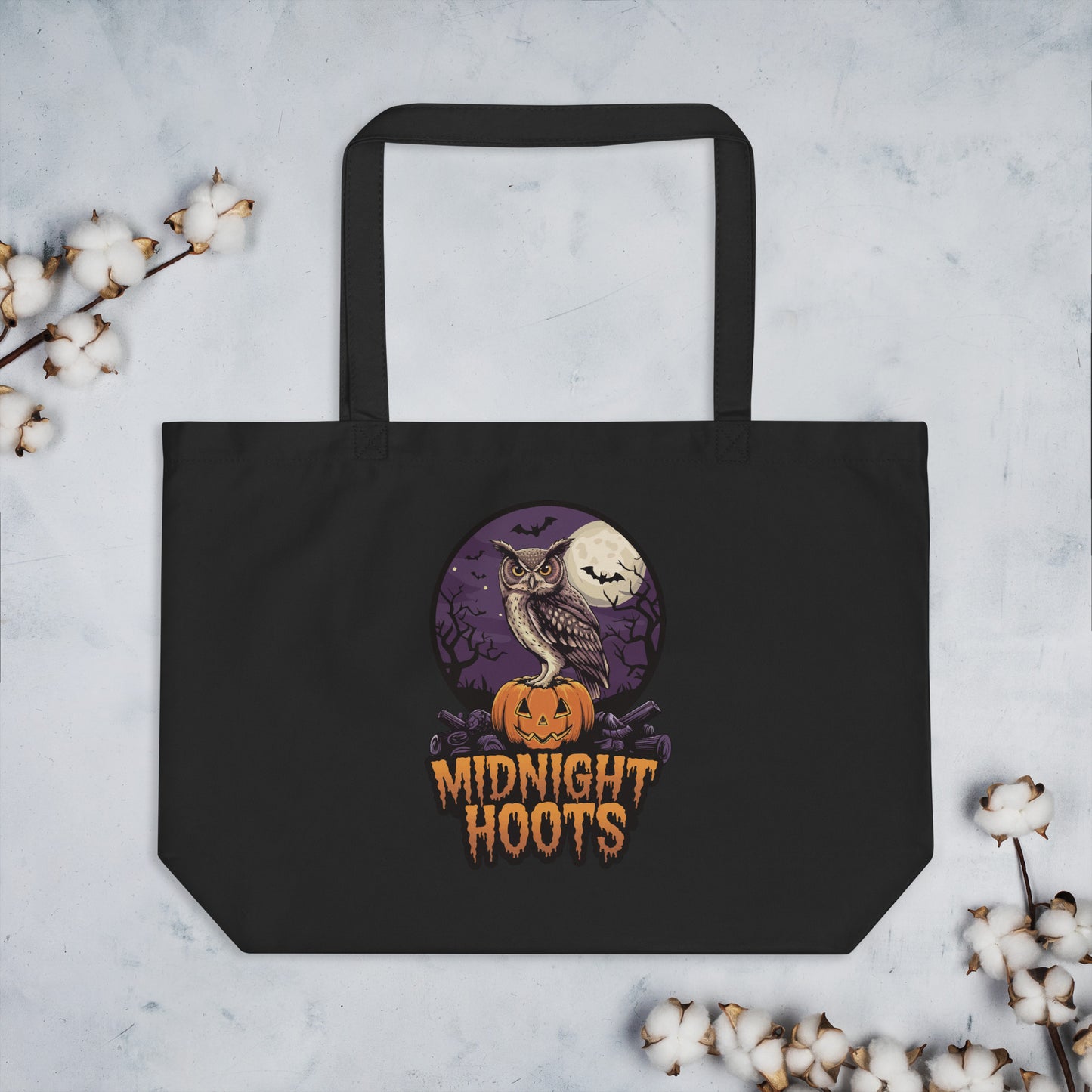 Large Organic Tote Bag: Halloween Owl Eco-Friendly Fall Fashion USA Dudeily