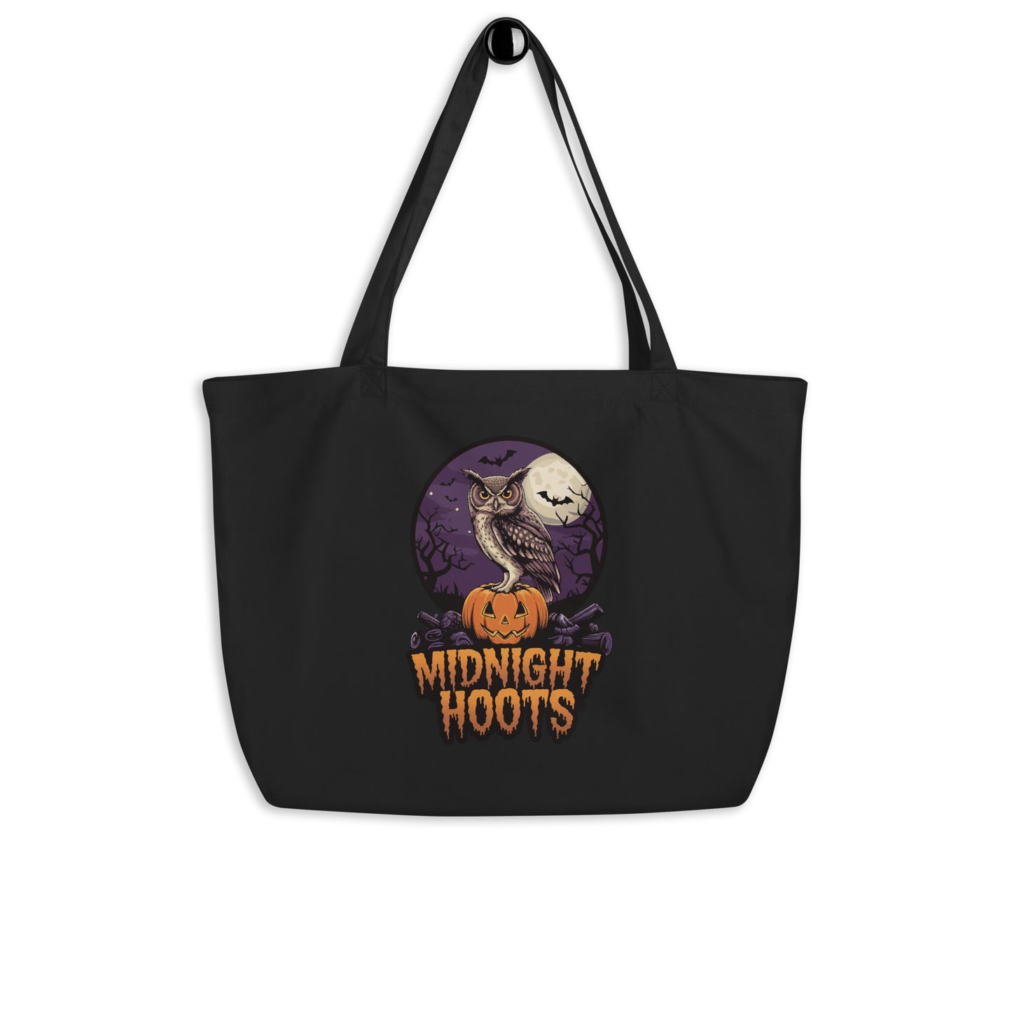 Large Organic Tote Bag: Halloween Owl Eco-Friendly Fall Fashion USA Black Dudeily