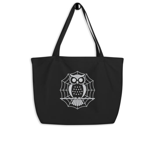 Large Organic Tote Bag: Halloween Owl Eco-Friendly Sustainable USA Black Dudeily