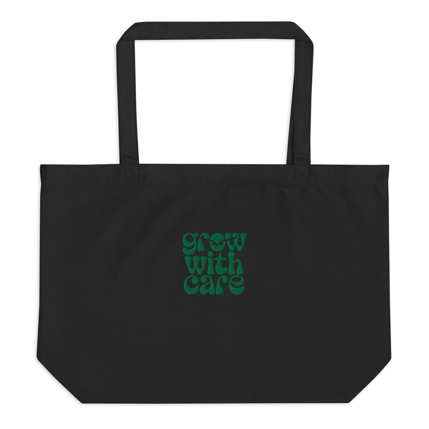 Large Organic Tote Bag "Grow With Care" – Embroidered Eco-Friendly Owl Accessories Black Dudeily