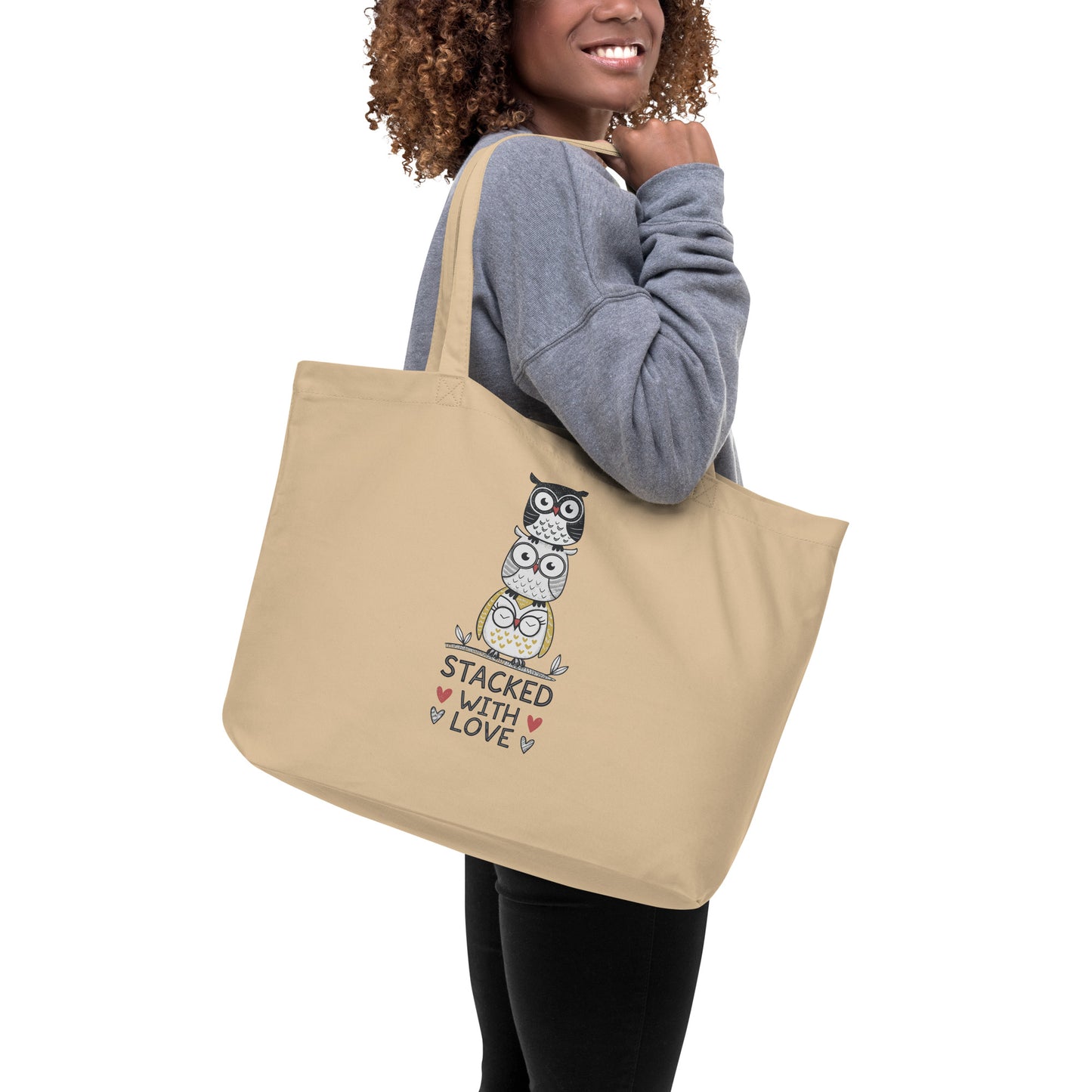 Large Organic Tote Bag: Stacked with Love | Owl-Themed Sustainable Fashion USA by Dudeily Dudeily
