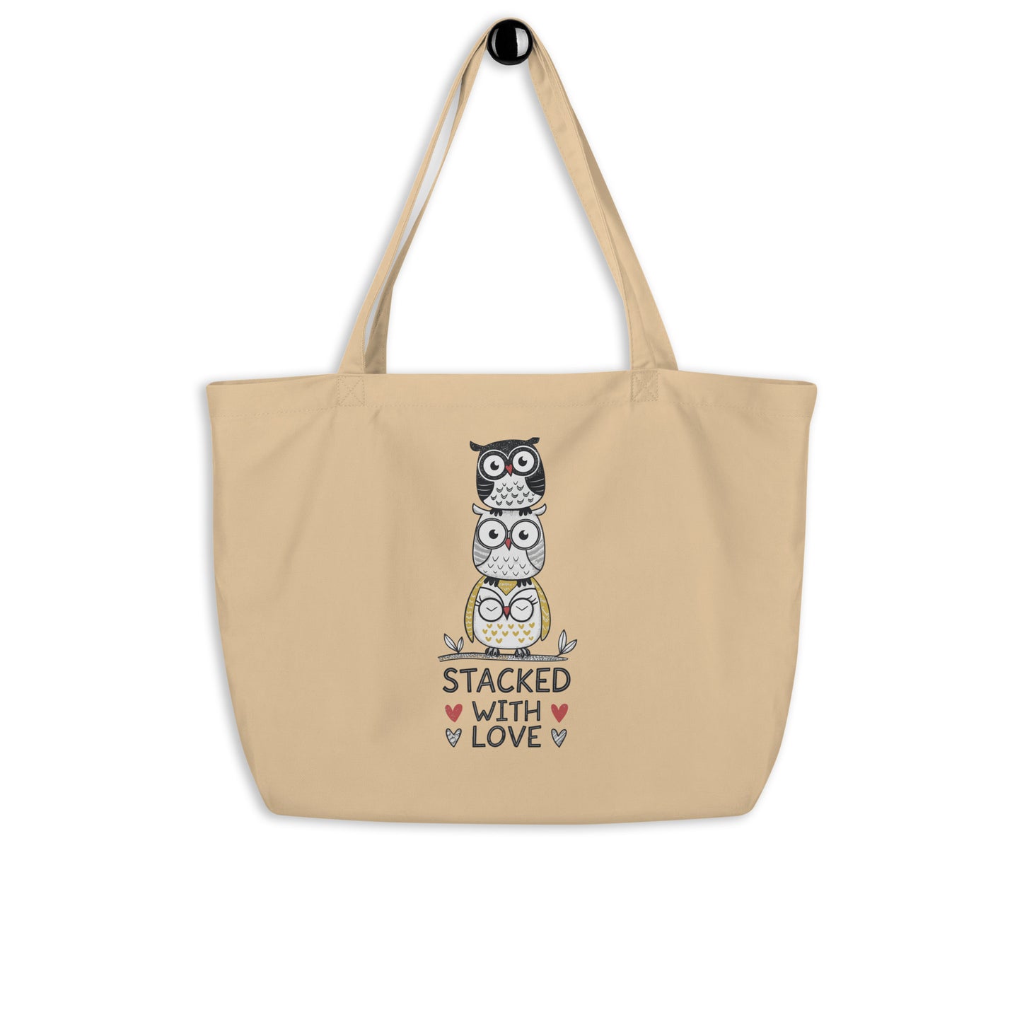 Large Organic Tote Bag: Stacked with Love | Owl-Themed Sustainable Fashion USA by Dudeily Dudeily