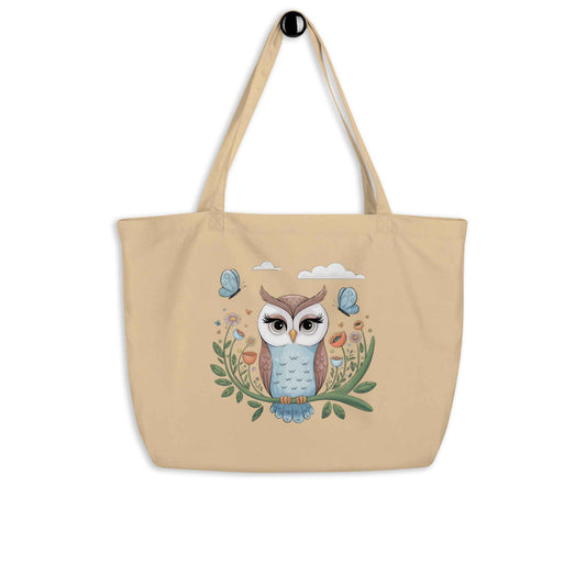 Owl Large Eco-Friendly Organic Tote Bags - Durable & Roomy Shopping Solution Oyster Dudeily