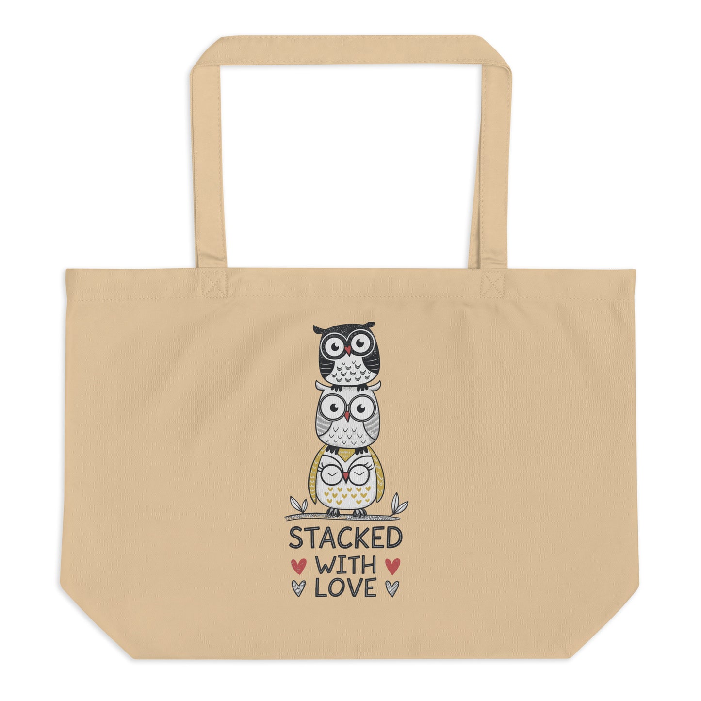Large Organic Tote Bag: Stacked with Love | Owl-Themed Sustainable Fashion USA by Dudeily Dudeily