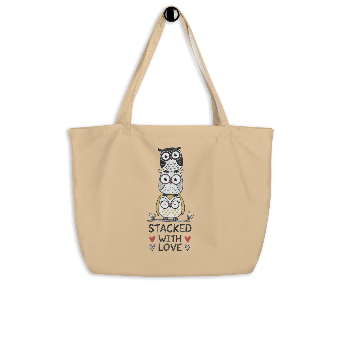 Large Organic Tote Bag: Stacked with Love | Owl-Themed Sustainable Fashion USA by Dudeily Oyster Dudeily