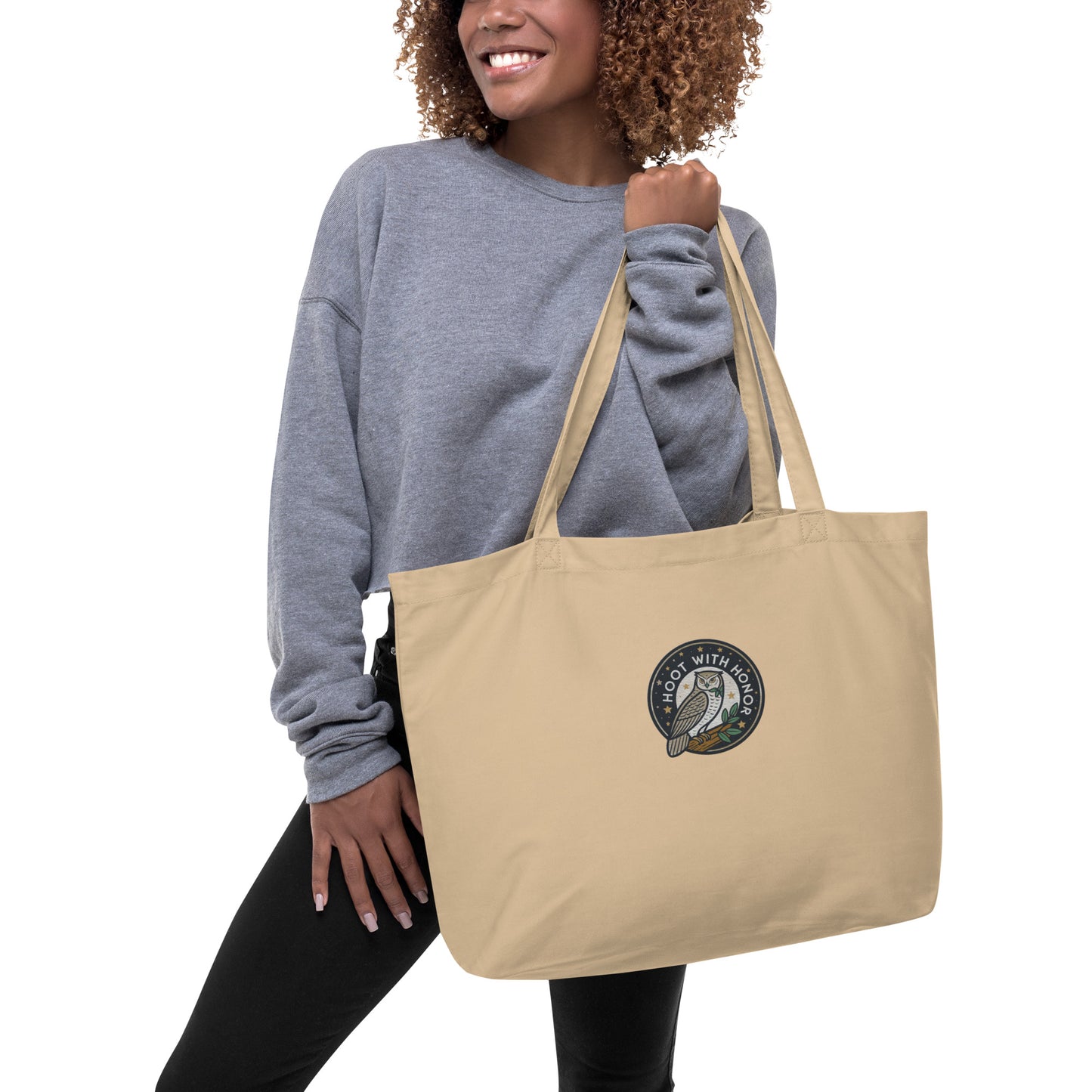 Embroidered Large Organic Tote Bag – Hoot With Honor | Owl-Themed Sustainable Fashion USA by Dudeily Dudeily