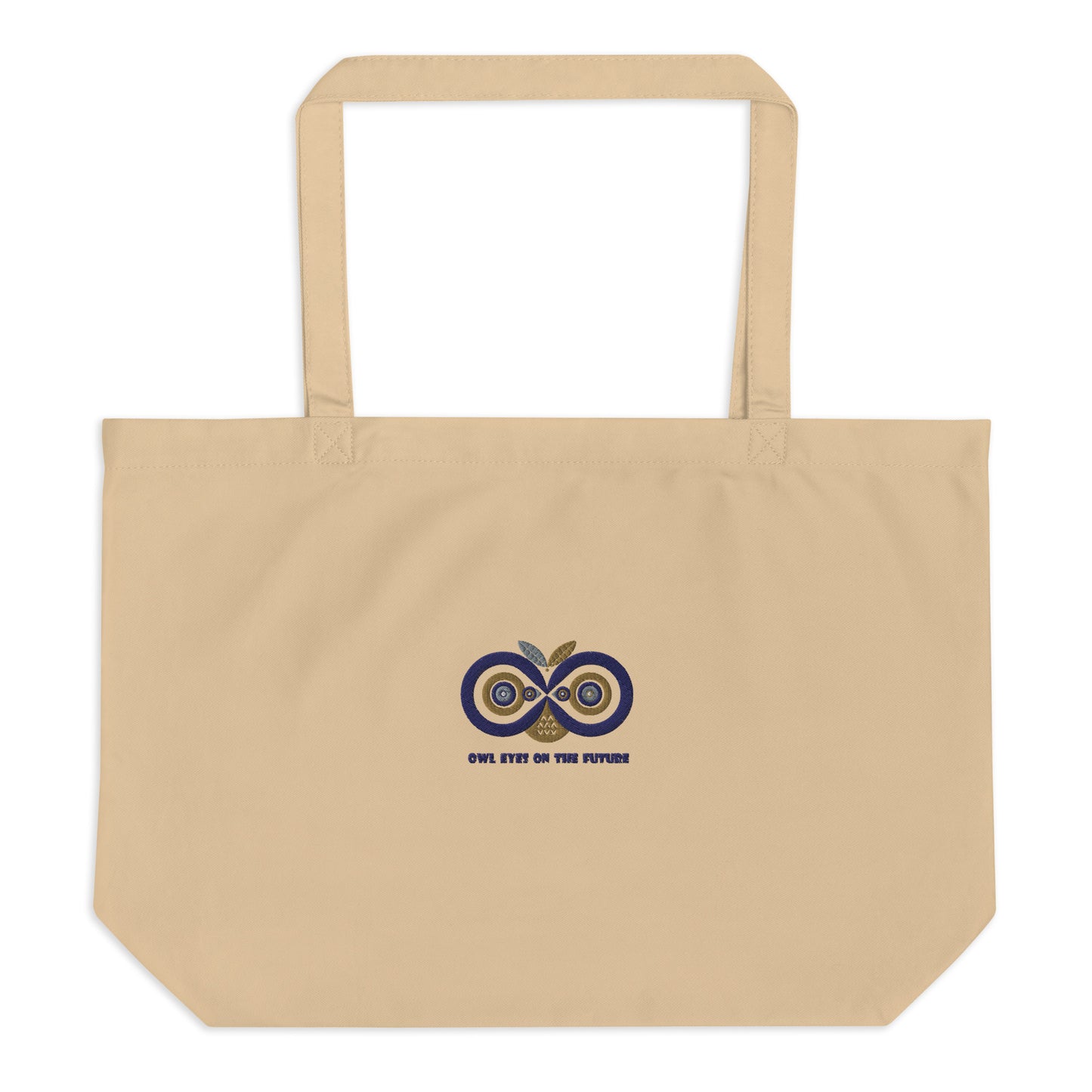 Large Organic Tote Bag: Owl Eyes on the Future | Embroidered Owl-Themed Sustainable Fashion USA Dudeily