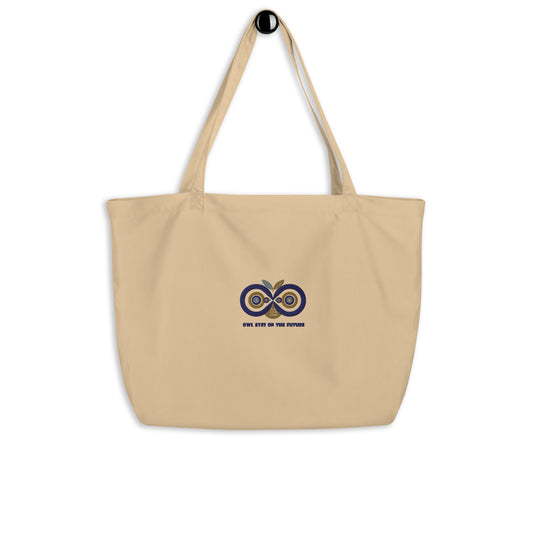 Large Organic Tote Bag: Owl Eyes on the Future | Embroidered Owl-Themed Sustainable Fashion USA Oyster Dudeily