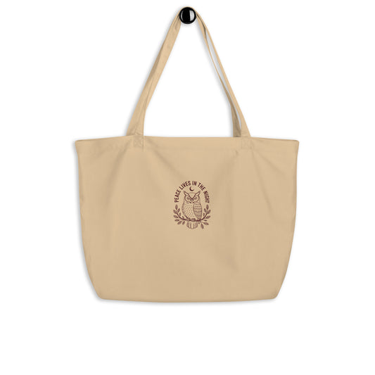 Owl Large Organic Tote Bag – 'Peace Lives in the Night' in Fall | Sustainable Fashion USA Oyster Dudeily