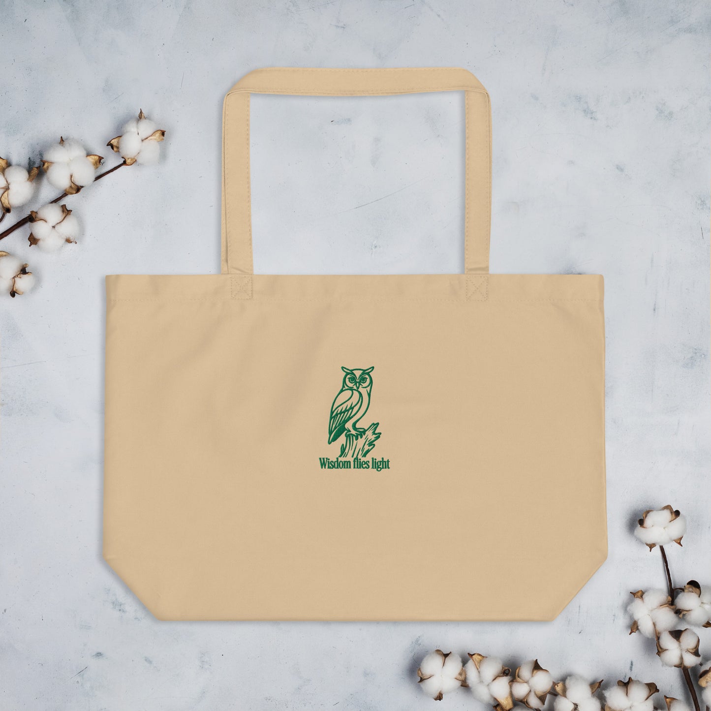 Owl Large Organic Tote Bag: 'Wisdom Flies Light' in Fall | Sustainable Fashion USA Dudeily