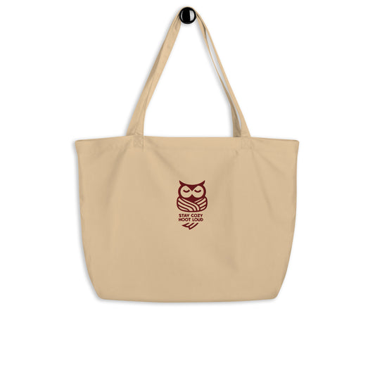 Owl Large Organic Tote Bag: 'Stay Cozy Hoot Loud' in Fall | Sustainable Fashion USA Oyster Dudeily