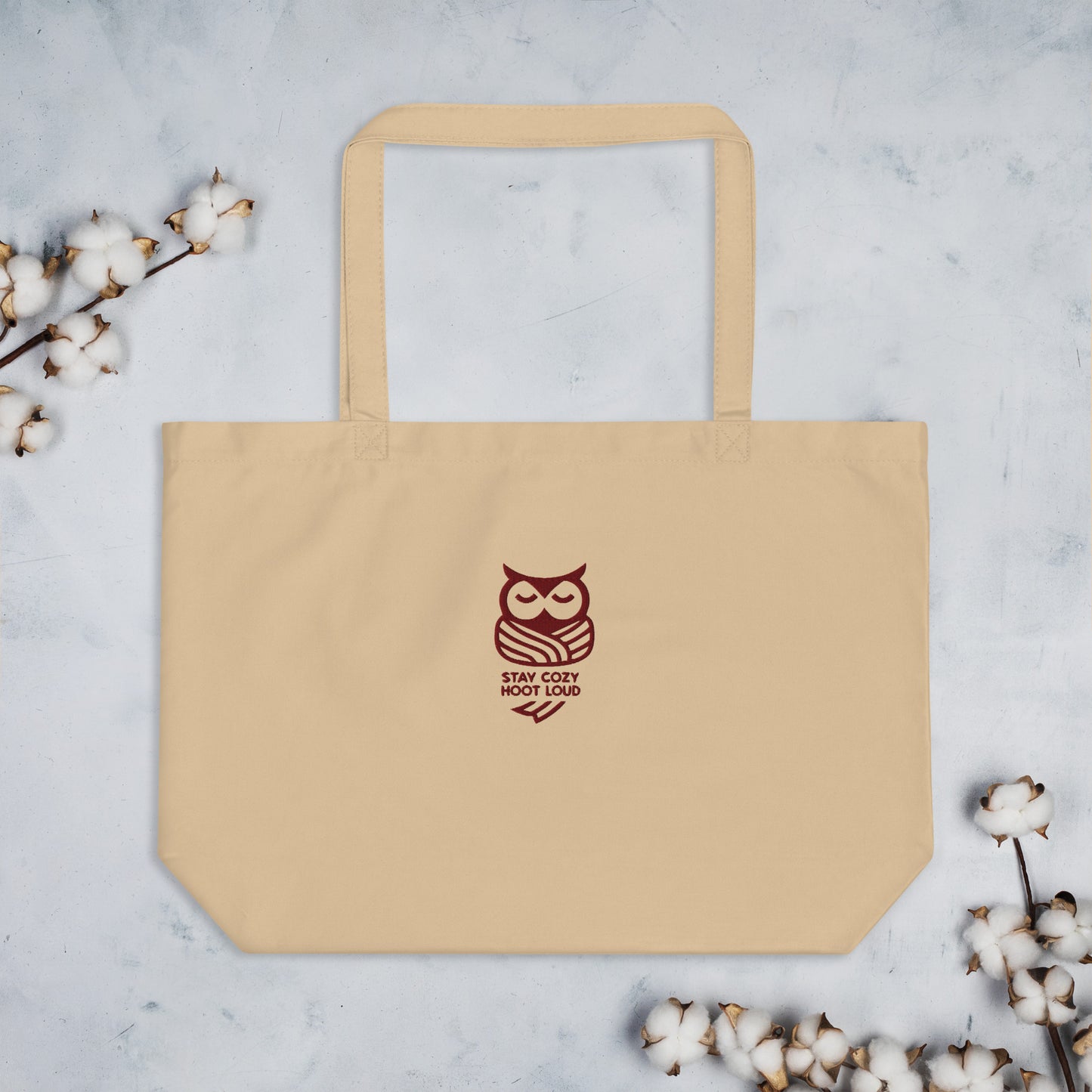 Owl Large Organic Tote Bag: 'Stay Cozy Hoot Loud' in Fall | Sustainable Fashion USA Dudeily
