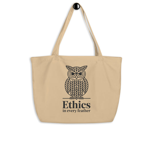 Large Organic Tote Bag: 'Ethics in Every Feather' | Sustainable Owl Accessories USA Oyster Dudeily