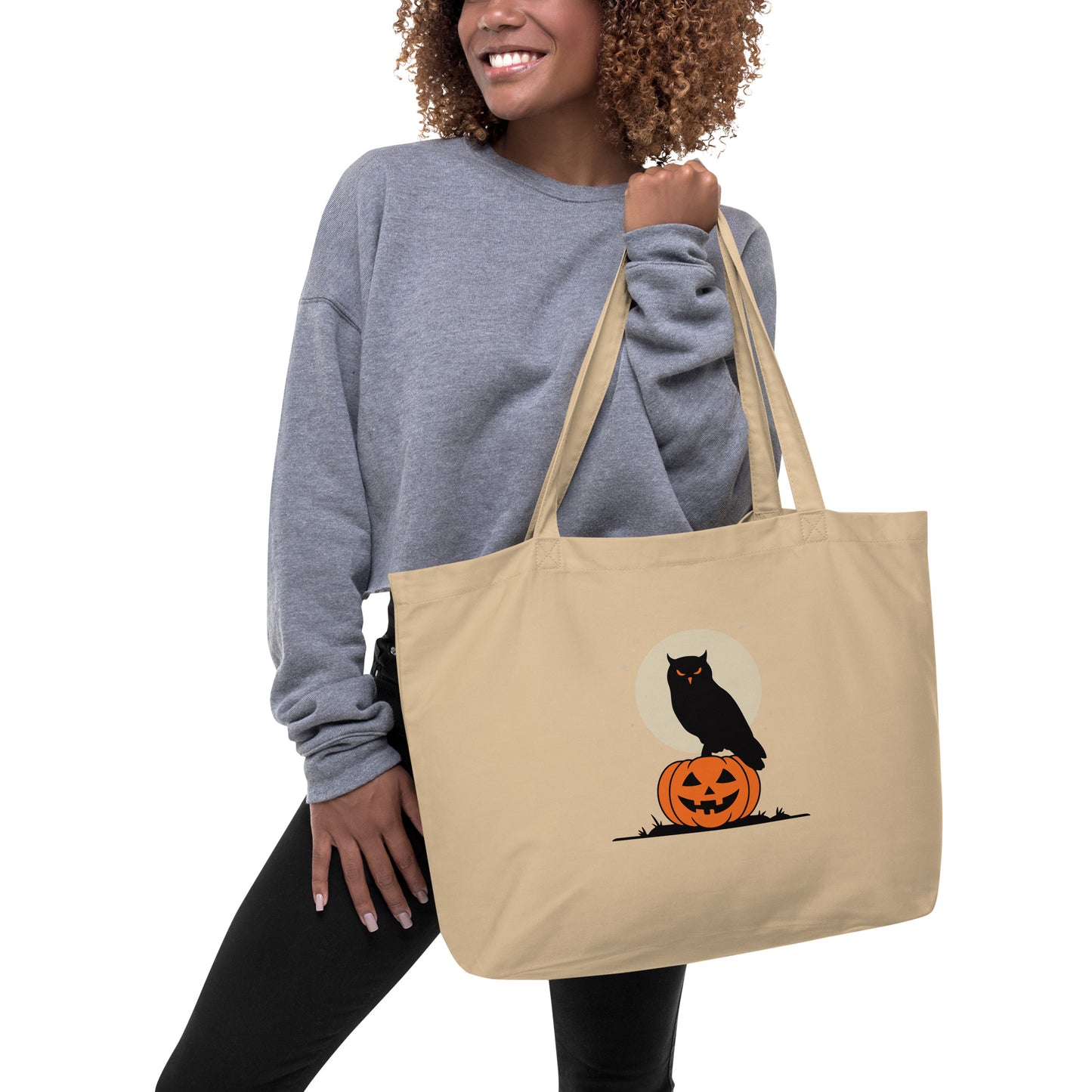 Large Organic Tote Bag: Halloween Owl Sustainable Eco-Friendly USA Dudeily
