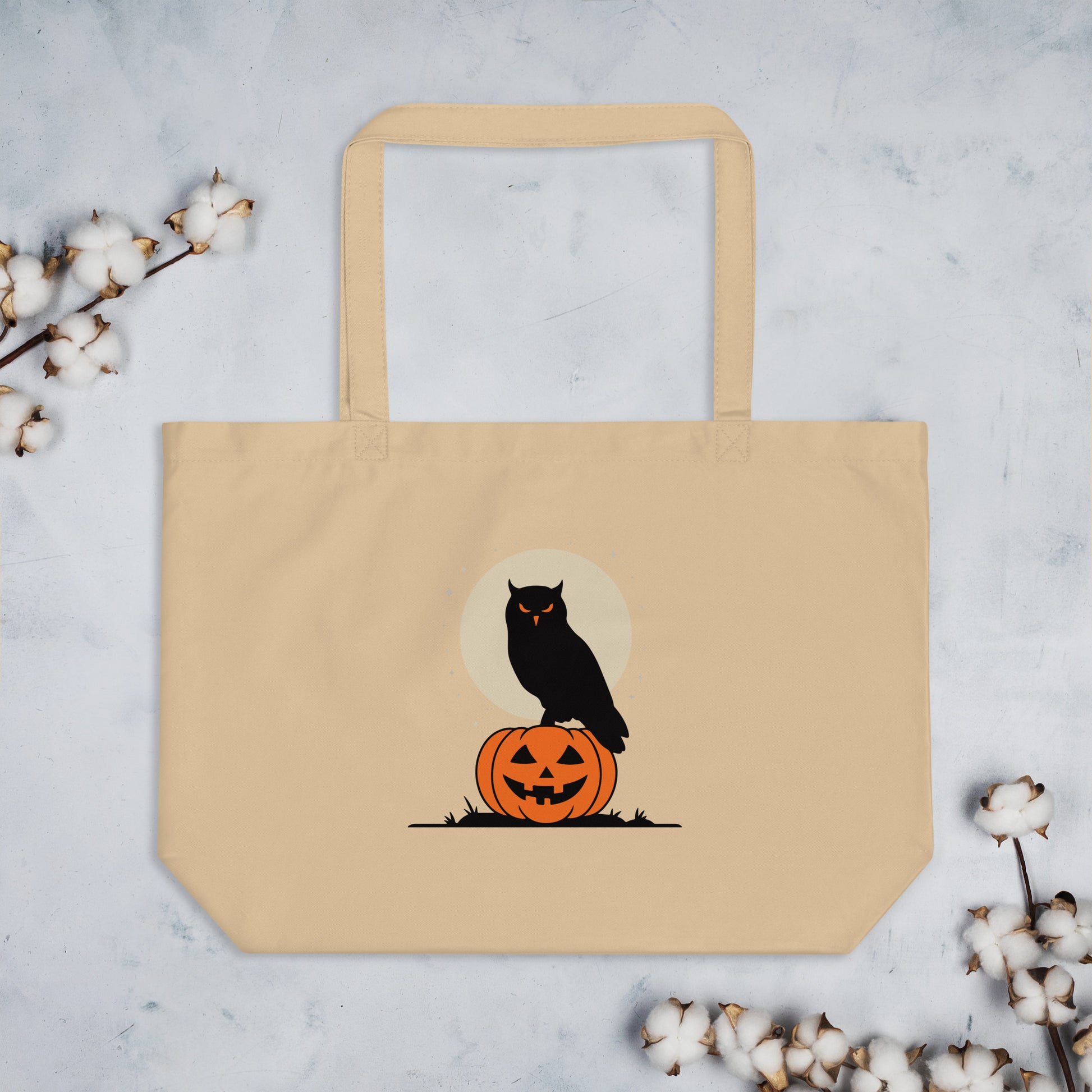 Large Organic Tote Bag: Halloween Owl Sustainable Eco-Friendly USA Dudeily