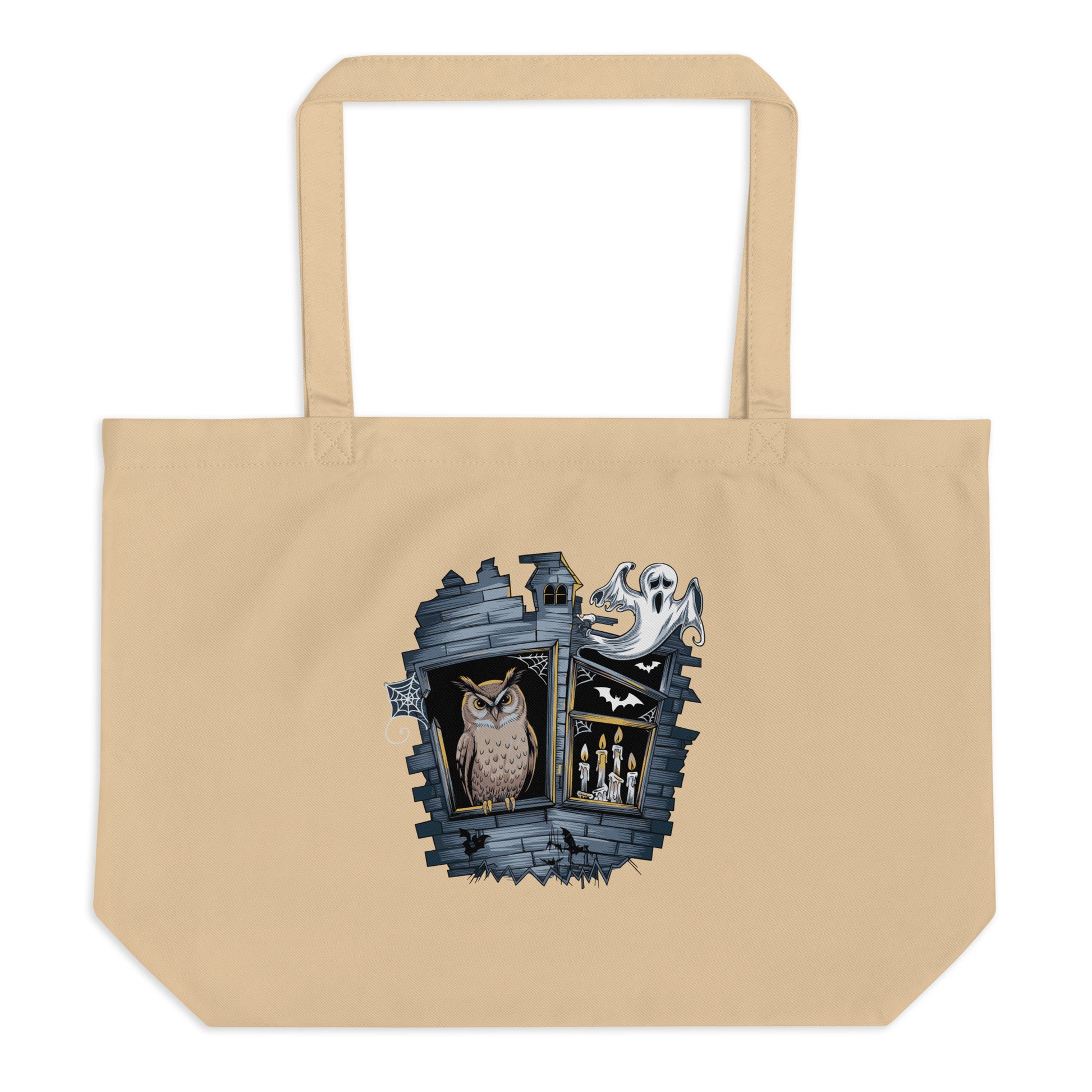Large Organic Tote Bag: Halloween Owl Eco-Friendly Sustainable USA Dudeily