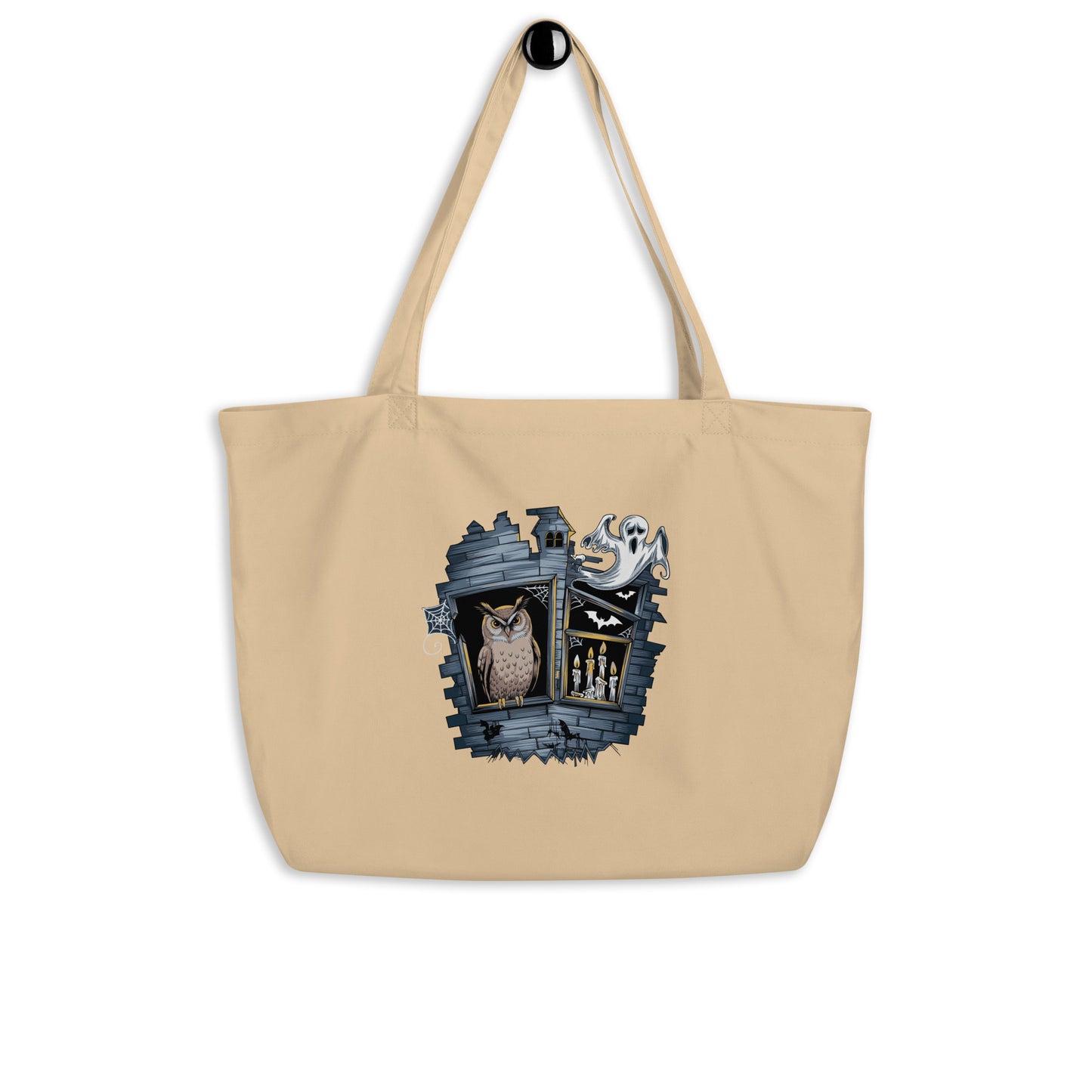 Large Organic Tote Bag: Halloween Owl Eco-Friendly Sustainable USA Oyster Dudeily