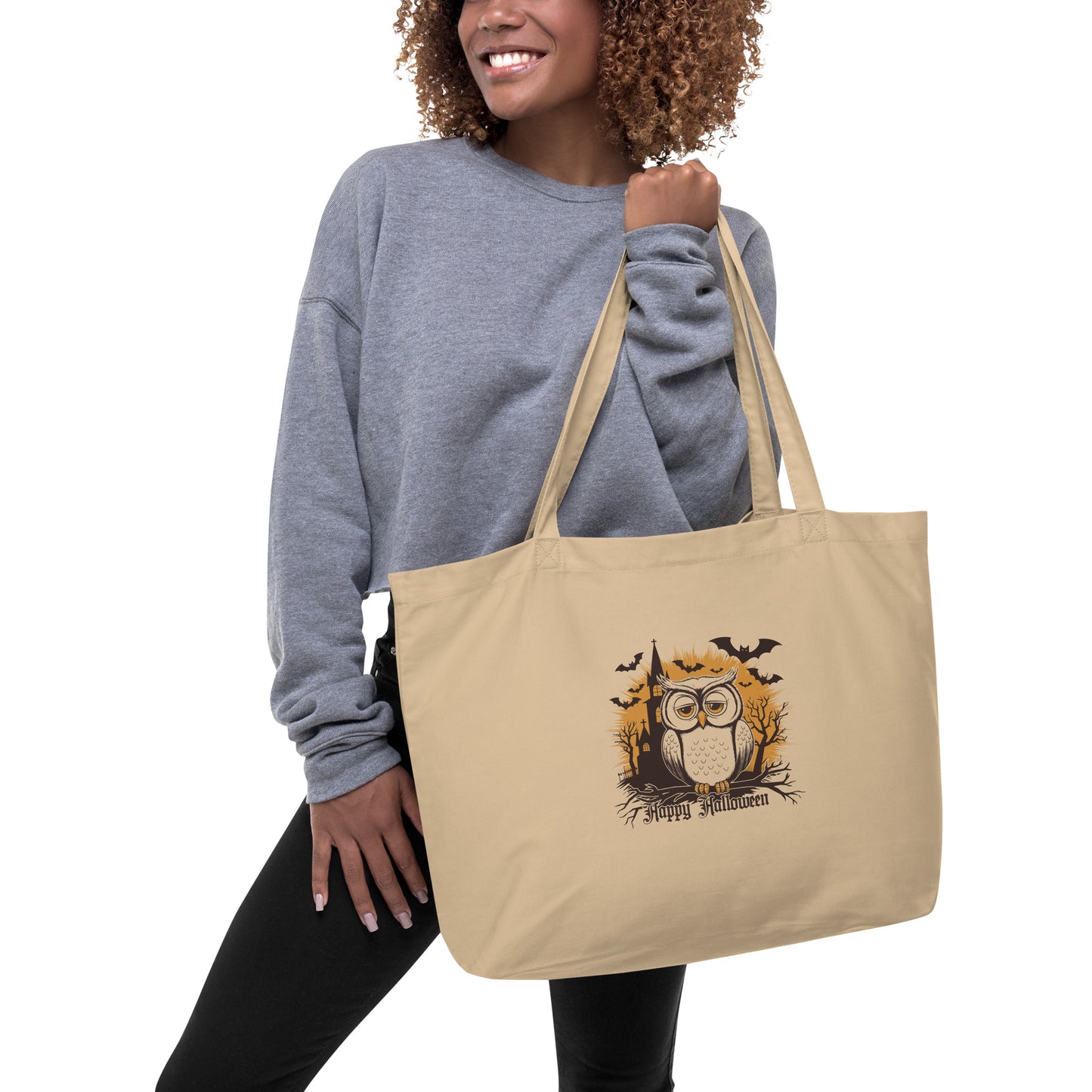 Large Organic Tote Bag: Halloween Owl Eco-Friendly Sustainable USA Dudeily