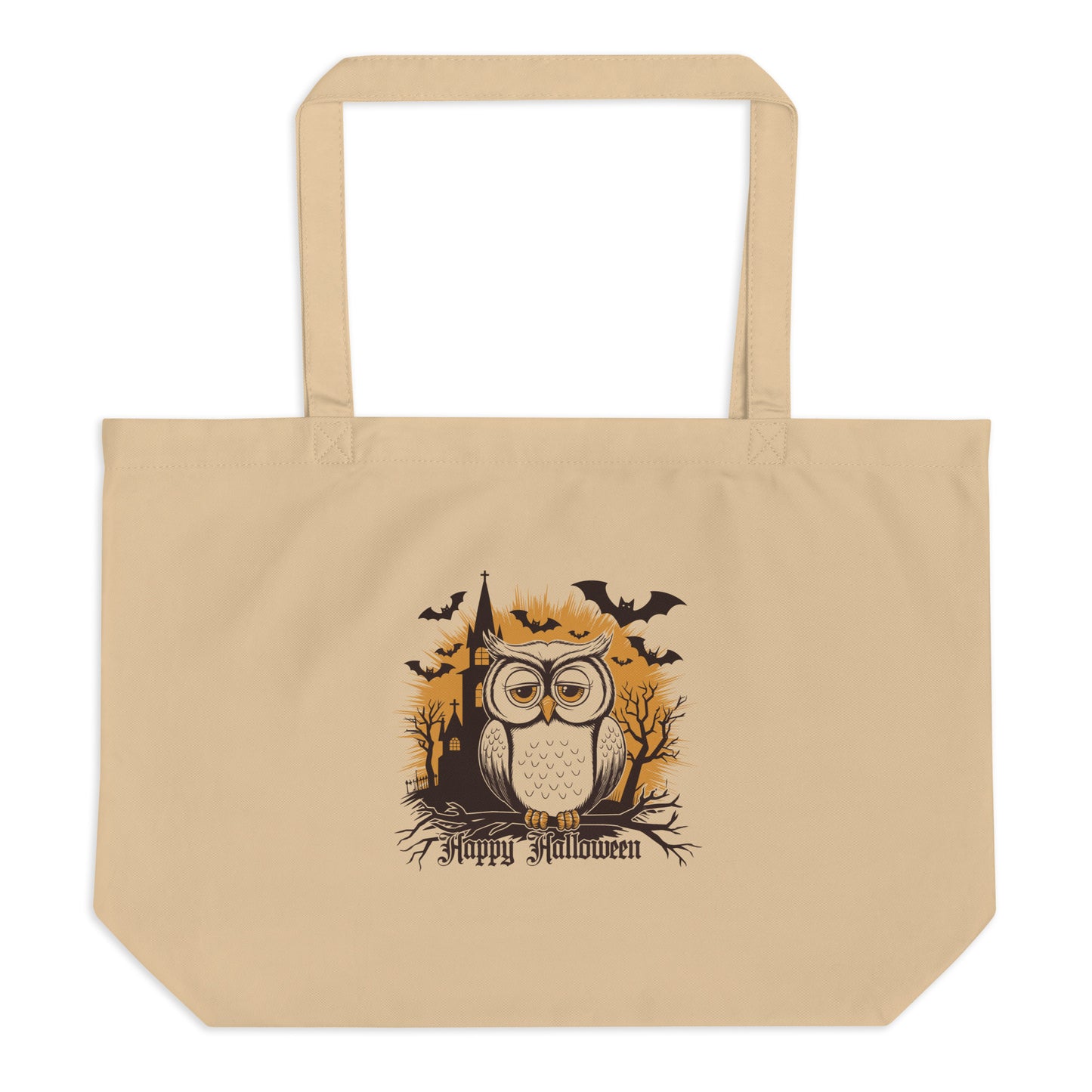 Large Organic Tote Bag: Halloween Owl Eco-Friendly Sustainable USA Dudeily