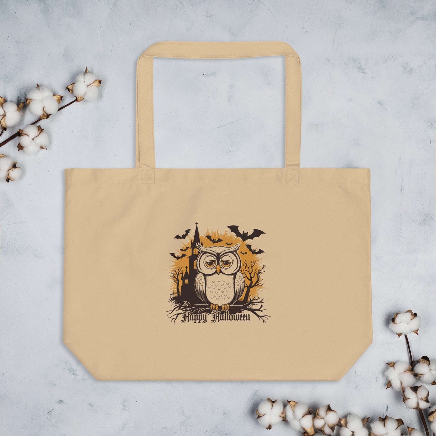 Large Organic Tote Bag: Halloween Owl Eco-Friendly Sustainable USA Dudeily