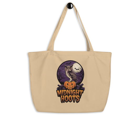 Large Organic Tote Bag: Halloween Owl Eco-Friendly Fall Fashion USA Oyster Dudeily