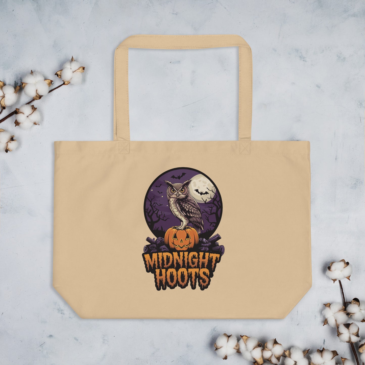 Large Organic Tote Bag: Halloween Owl Eco-Friendly Fall Fashion USA Dudeily