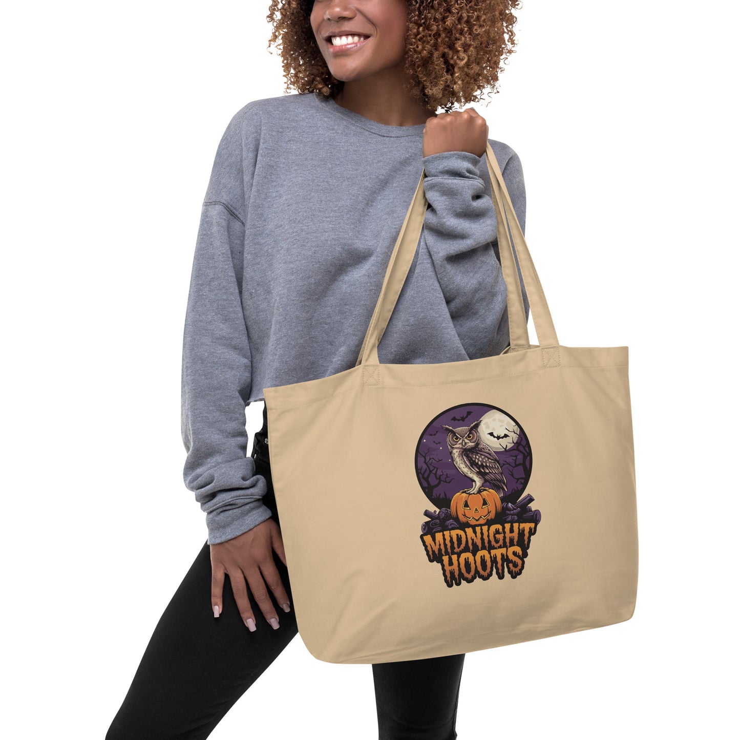 Large Organic Tote Bag: Halloween Owl Eco-Friendly Fall Fashion USA Dudeily