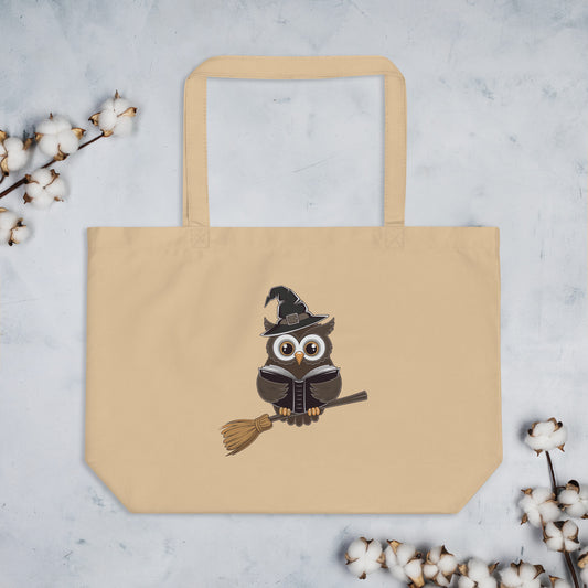 Large Organic Tote Bag: Halloween Owl Eco-Friendly Fall Fashion USA Dudeily