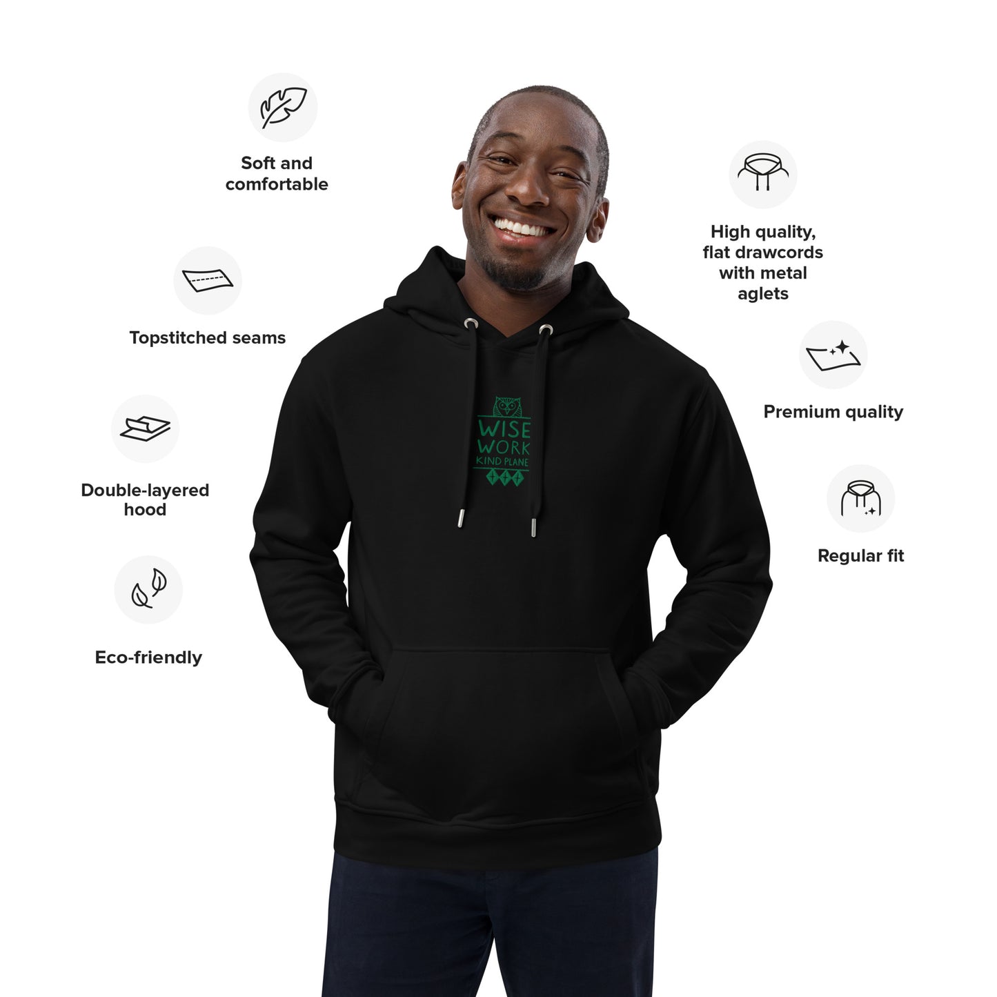 Premium Eco Hoodie: Wise Work, Kind Planet | Owl Embroidered Sustainable Fashion Dudeily