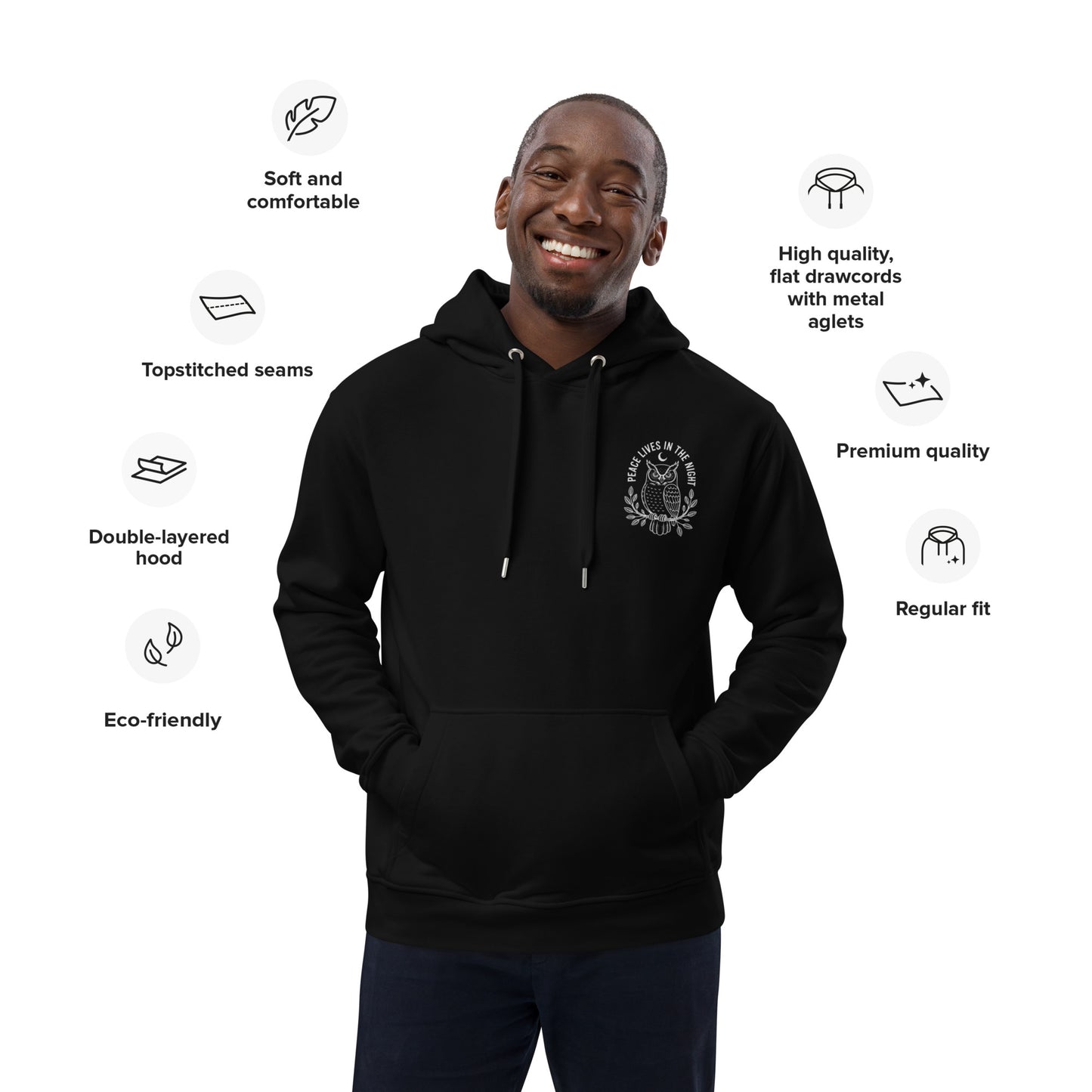 Owl Premium Eco Hoodie-'Peace Lives in the Night' in Fall | Sustainable Fashion Dudeily