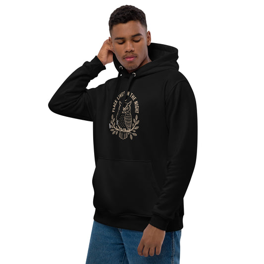 Premium Eco Hoodie: 'Peace in the Night' in Fall | Sustainable Owl Fashion USA Dudeily