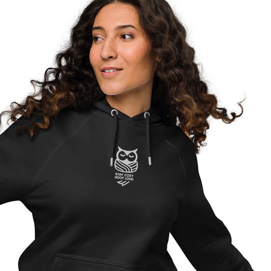 Sustainable Fashion USA-Owl Unisex Eco Raglan Hoodie: 'Stay Cozy Hoot Loud' in Fall Black Dudeily