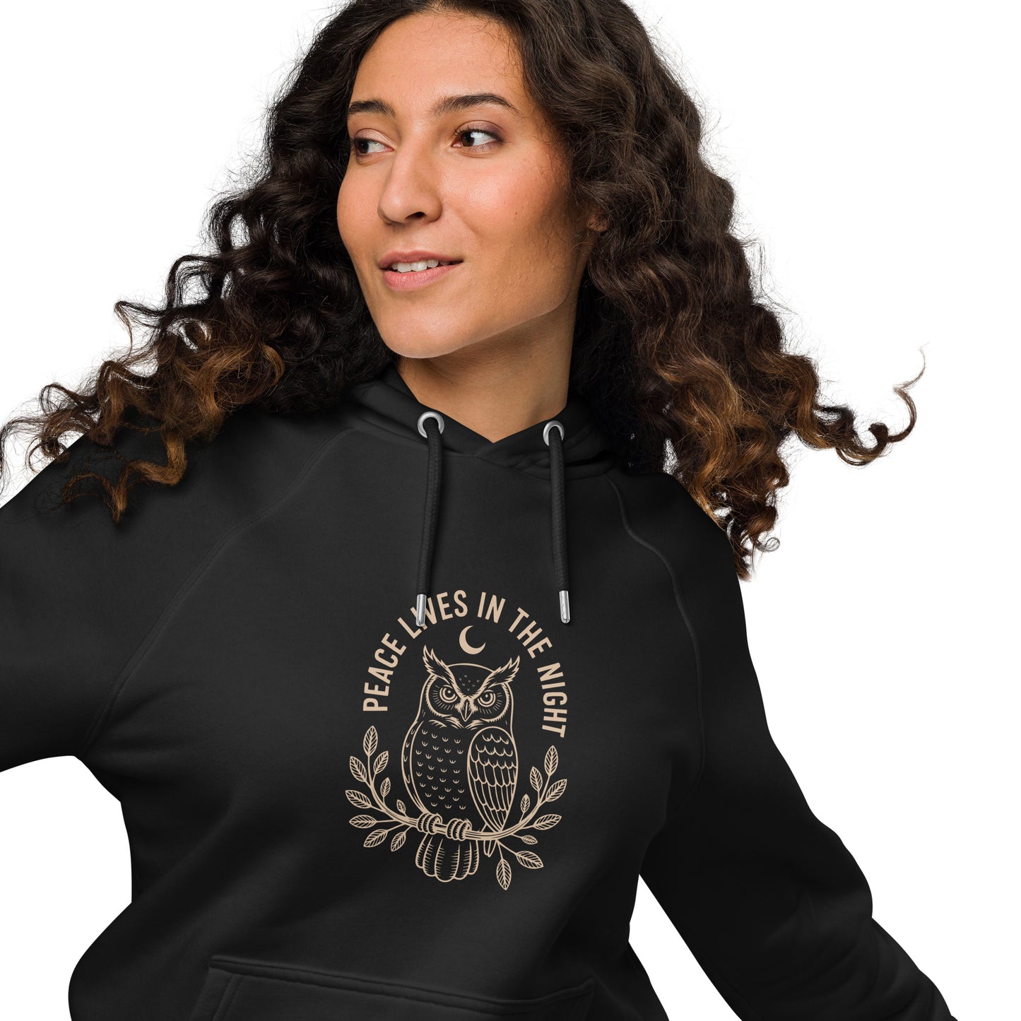 Unisex Eco Raglan Hoodie: 'Peace in the Night' in Fall | Sustainable Owl Fashion USA Dudeily