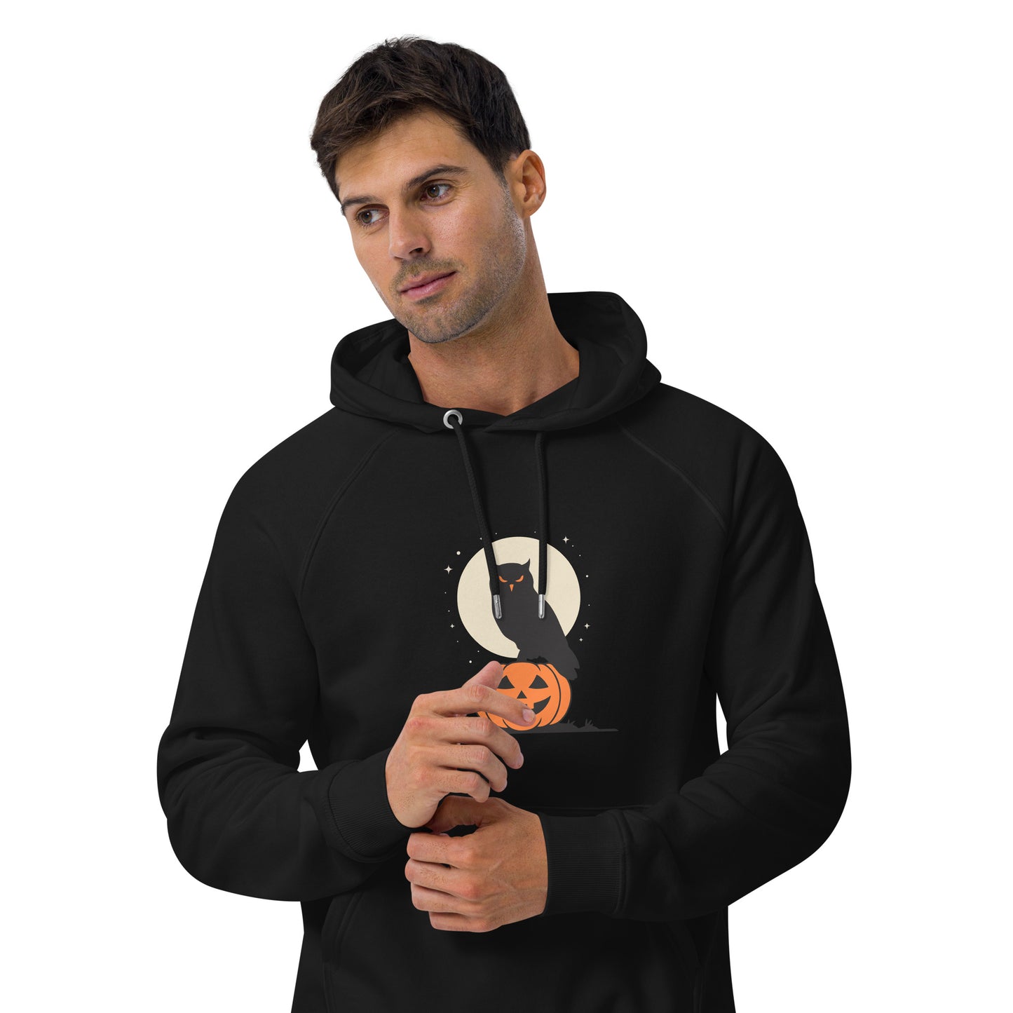 Unisex Eco Raglan Hoodie: Halloween Owl Cozy Sustainable Style USA Dudeily