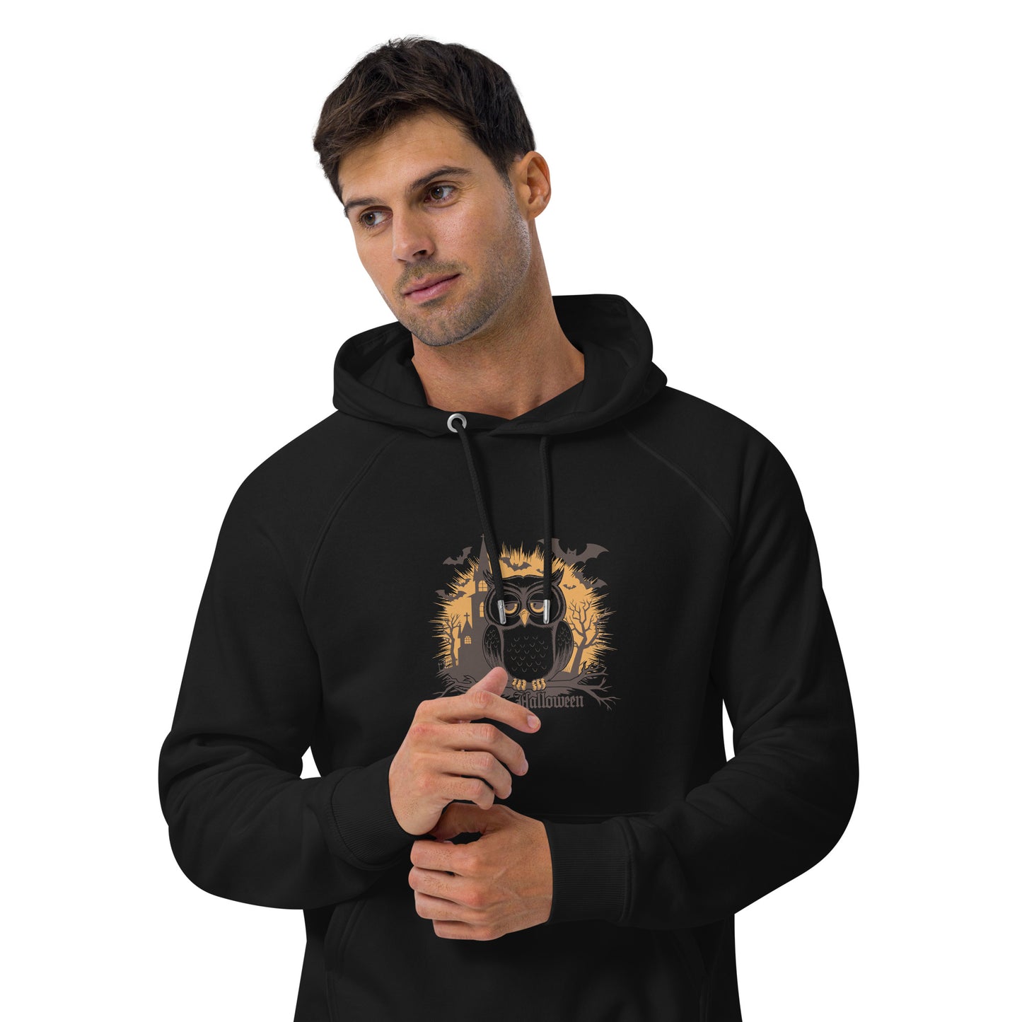 Unisex Eco Raglan Hoodie: Halloween Owl Cozy Sustainable Style USA Dudeily