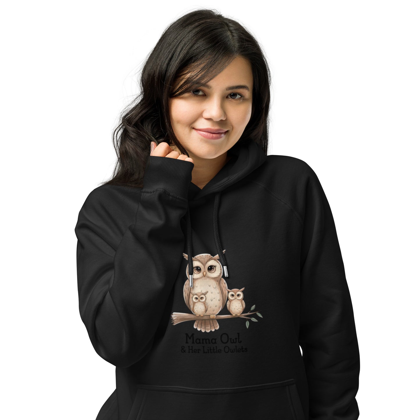 Unisex Eco Raglan Hoodie – Owl-Themed Eco-Friendly & Sustainable Black Dudeily