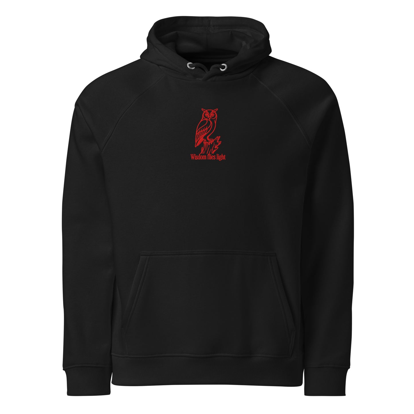 Owl Unisex Eco Raglan Hoodie: 'Wisdom Flies Light' in Fall | Sustainable Fashion Black Dudeily