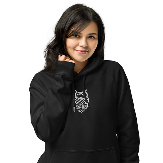 Sustainable Fashion USA | Owl Unisex Eco Raglan Hoodie: 'Stay Cozy Hoot Loud' in Fall Black Dudeily